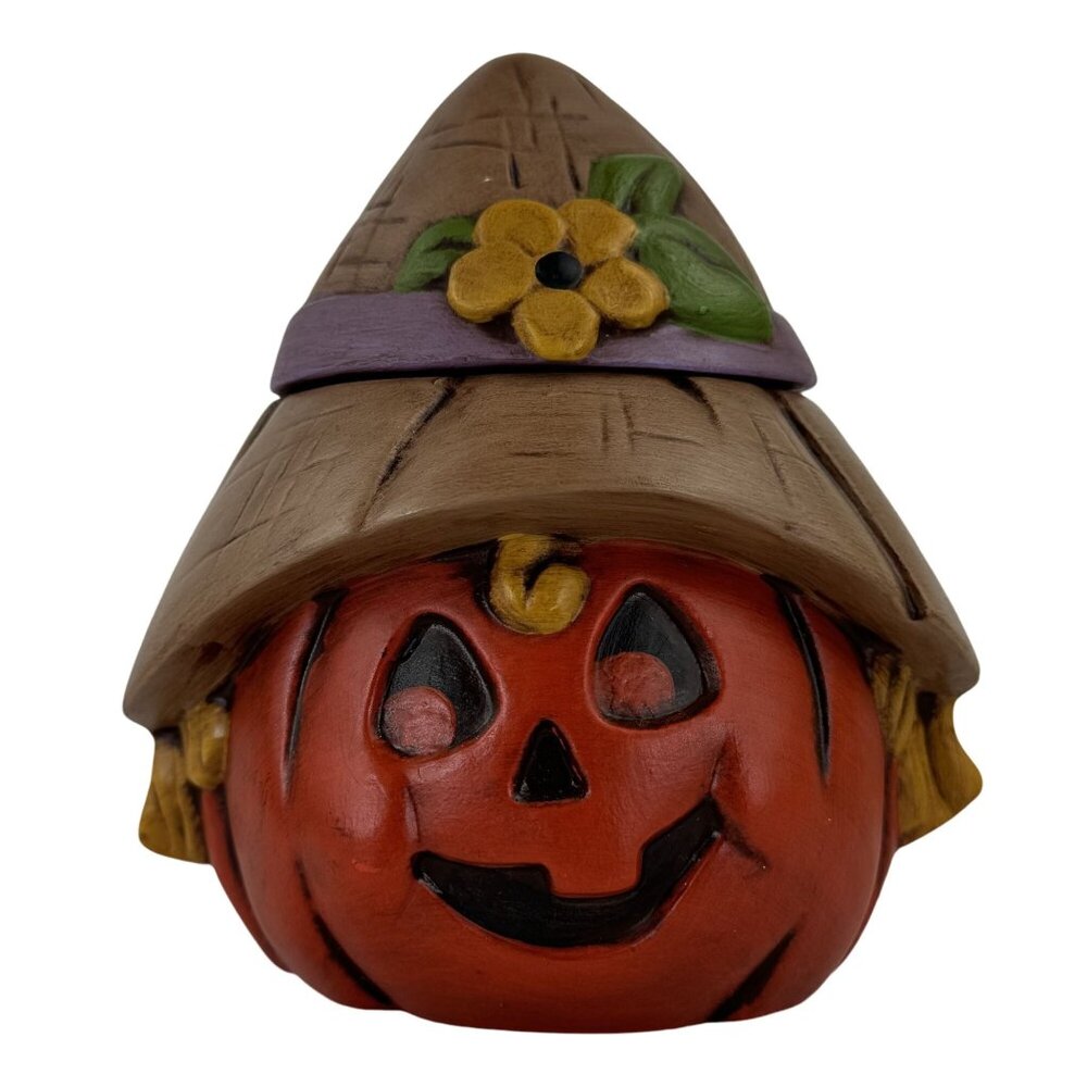 Vintage Ceramic Pumpkin Jar 5.5" With Scarecrow Hat Lid Harvest Jack-O-Lantern